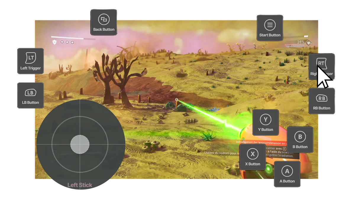 Interactive on-screen overlay with buttons and virtual joysticks