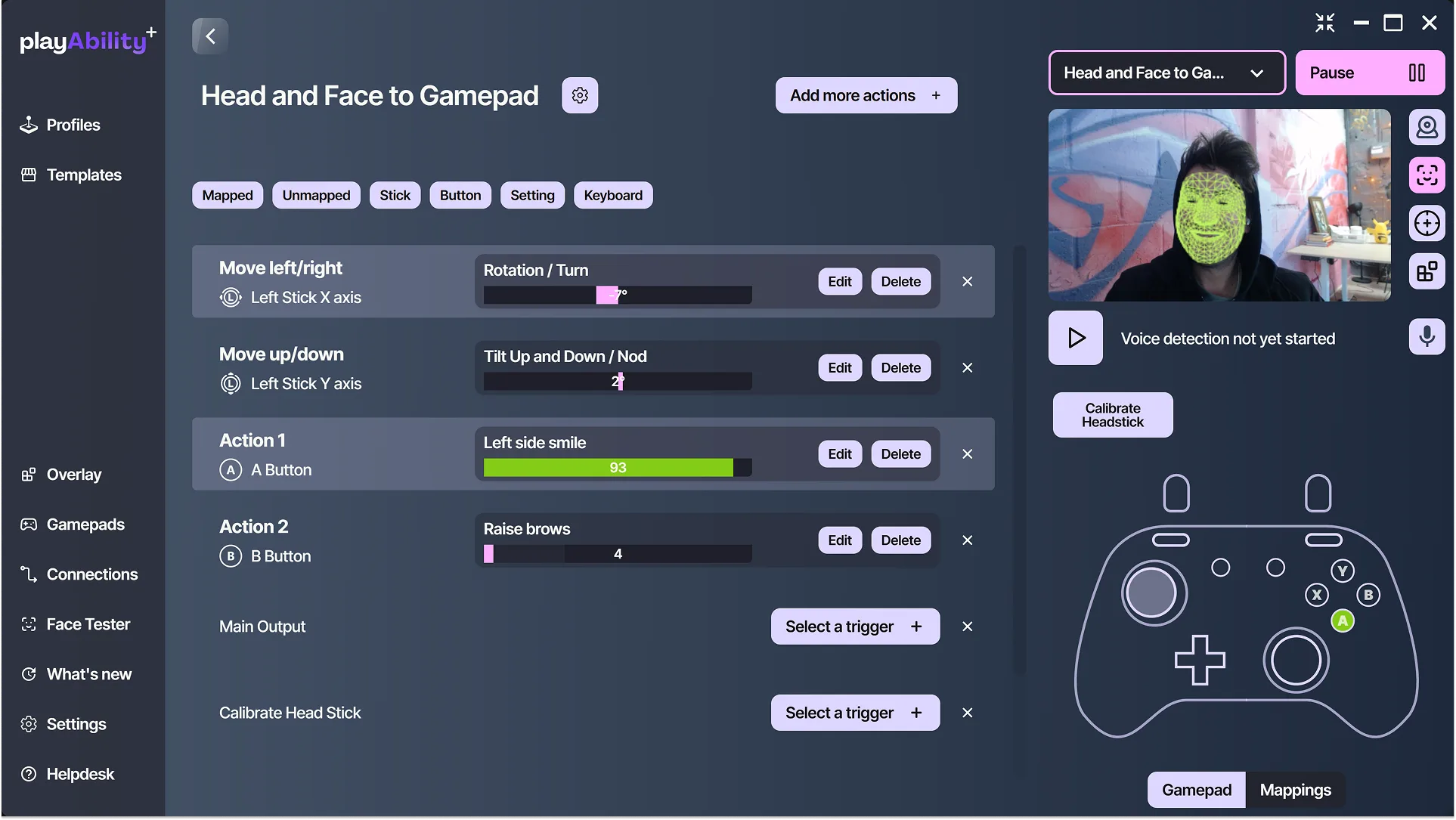 Head movement and facial gestures mapped to virtual gamepad controls in PlayAbility